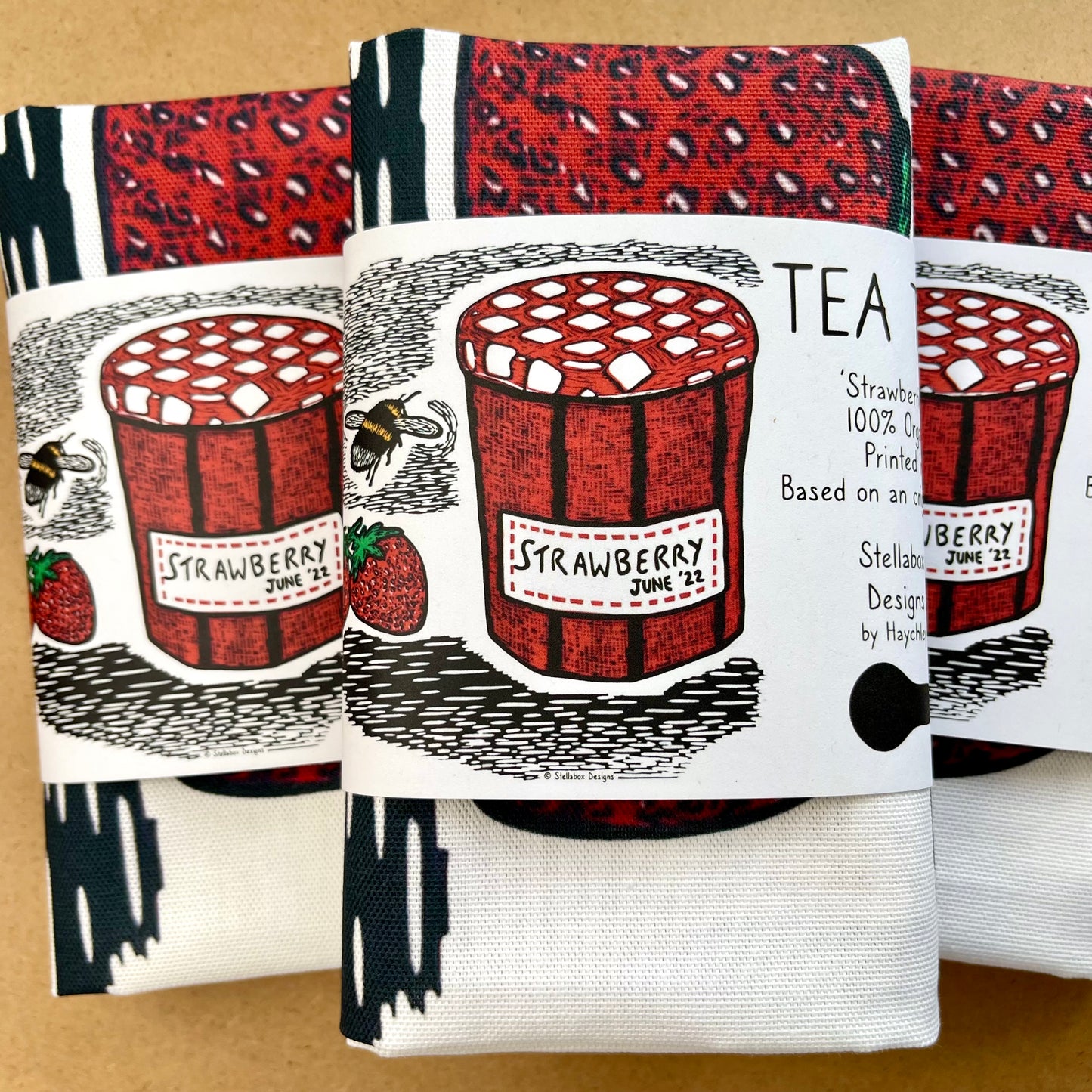 Strawberries, jam and bee tea towel 100% organic cotton linocut