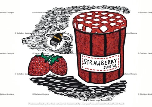 Strawberries, jam and bee tea towel 100% organic cotton linocut